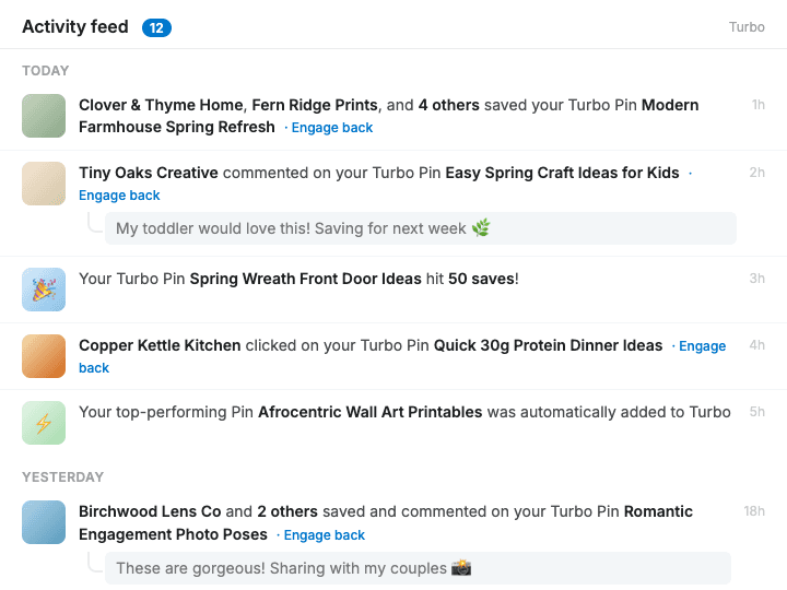 Turbo activity feed showing real engagement from Pinterest creators — saves, comments like 'My toddler would love this', outbound clicks, and a Pin that hit 50 saves, accelerating your content's reach